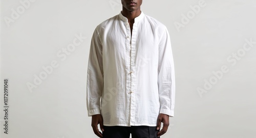 White linen button up shirt with mandarin collar and relaxed fit display on plain white background