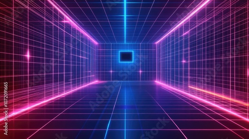 Wallpaper Mural Neon Grid Room with Futuristic Light Effects Torontodigital.ca