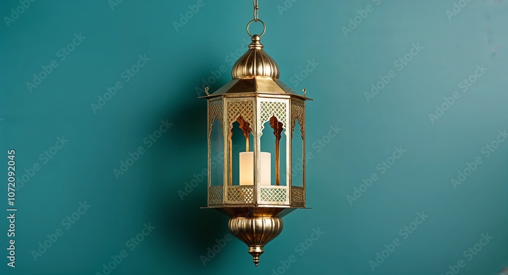 Moroccan lantern with golden details on a plain teal background Moroccan lantern with golden details on a plain teal background
