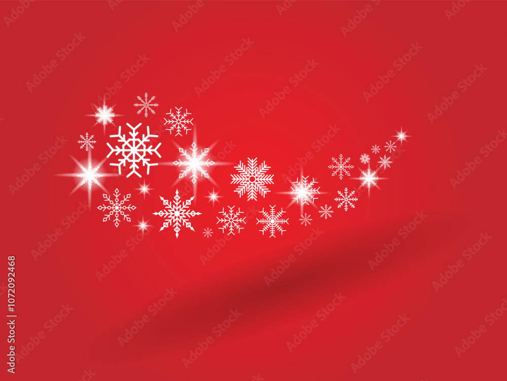 Abstract Glossy Snowflakes Blown by Blizzard on Red. International winter holiday Christmas and New Year decoration vector art