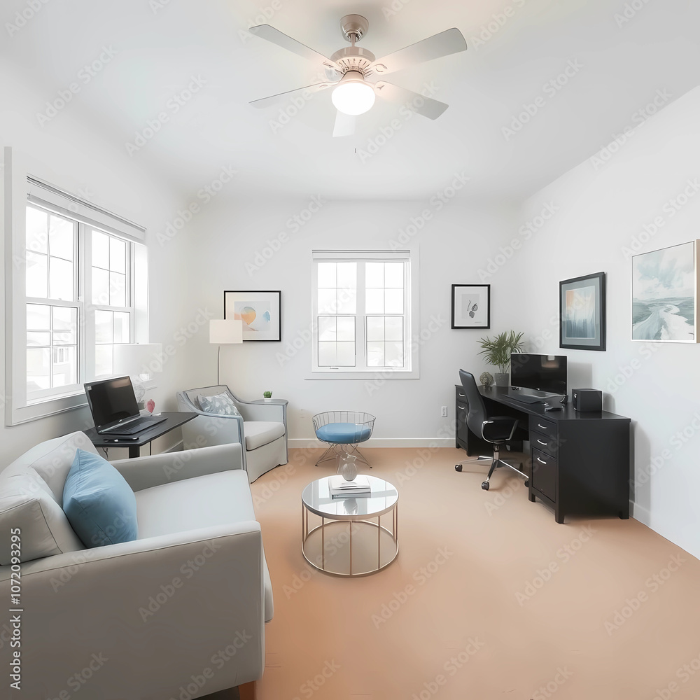 design inspiration for a woman cave, 13'x19' rectangular room with 2 windows on same long wall, modern, diva, business woman, technology, entrepreneur, desk area, lounge area, calming, bright, tan car design inspiration for a woman cave, 13'x19' rectangular room with 2 windows on same long wall, modern, diva, business woman, technology, entrepreneur, desk area, lounge area, calming, bright, tan car