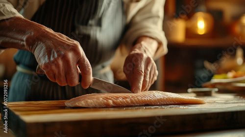 Master sushi chef cutting fresh fish with precision, experience, precision and dedication to the art of food preparation photo