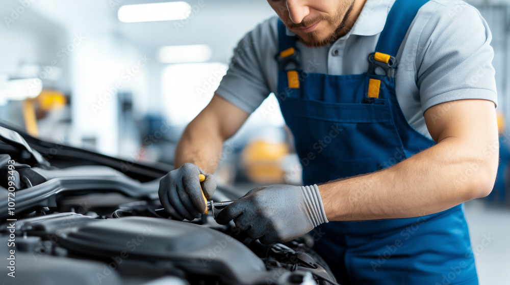 Mechanic focused on adjusting automobile engine components, precision and skill involved in automobile repair and maintenance. Mechanic focused on adjusting automobile engine components, precision and skill involved in automobile repair and maintenance.
