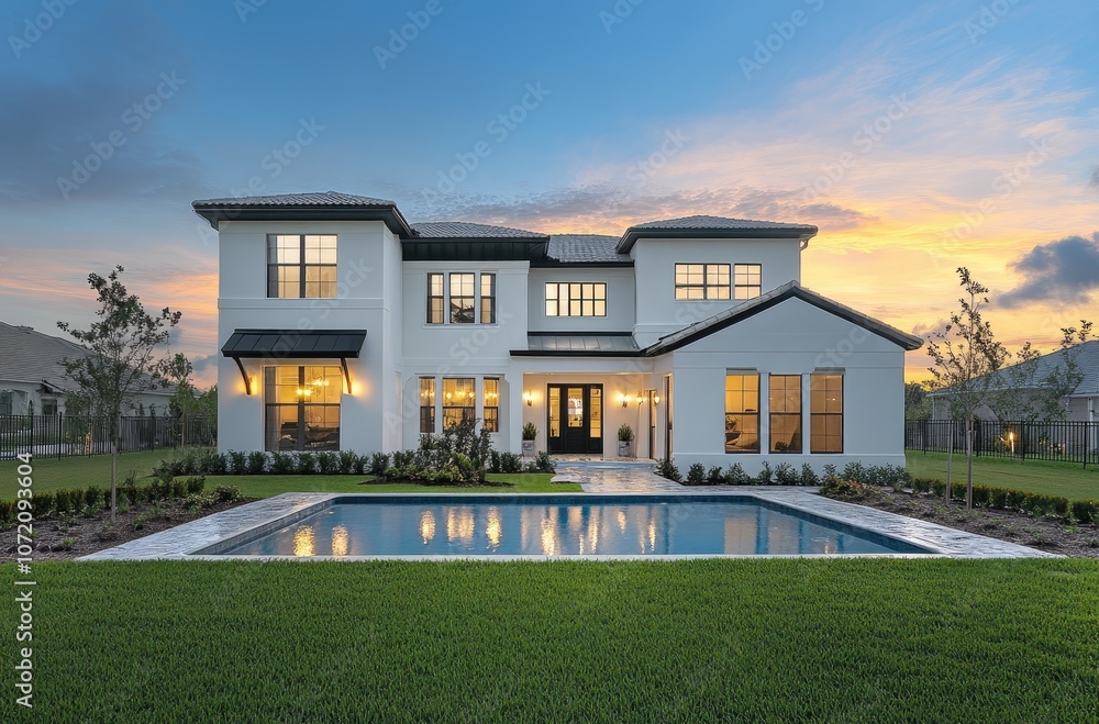 Fototapeta premium Modern house with pool, lighting design and rendering, front view, warm evening light, modern white walls, black roof, terrace on the second floor overlooking the garden