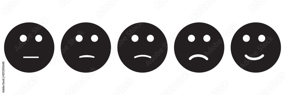 Rating emoji set for customer feedback or product experience in black and white color. Five-star rating emoji icon set. Emoji feedback scale. Rating emoji collection. Vector illustration. Rating emoji set for customer feedback or product experience in black and white color. Five-star rating emoji icon set. Emoji feedback scale. Rating emoji collection. Vector illustration.