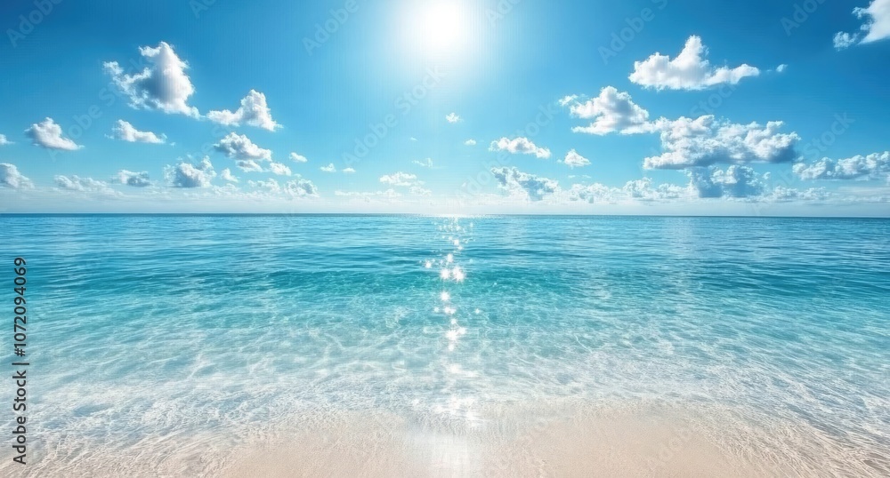 the clear blue sky and turquoise sea, reflecting in the crystal-clear waters of an exotic beach the clear blue sky and turquoise sea, reflecting in the crystal-clear waters of an exotic beach