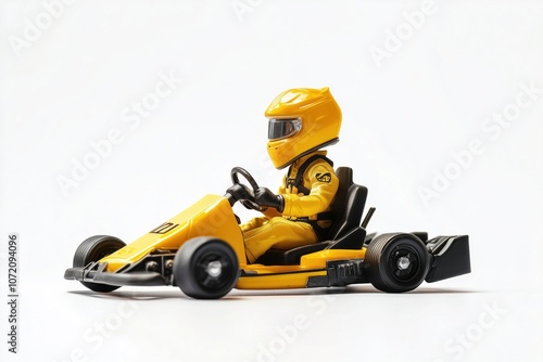 Yellow go-kart toy figure, racing suit, helmet, detailed design