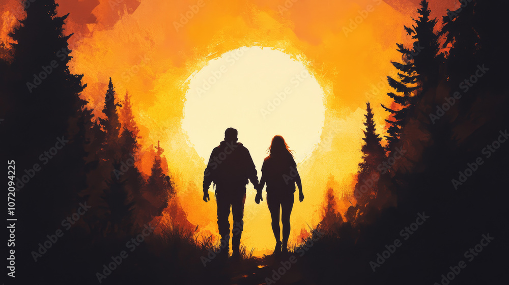 Fototapeta premium Silhouettes of a couple walking hand-in-hand towards a bright sun in a forest.