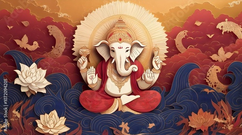 Illustrative Papercut Artwork of the Revered Lord Ganesha Participating in a Heavenly Sacred Event