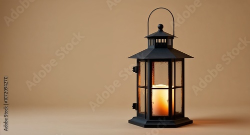 Rustic log cabin lantern with glowing windows on plain beige background