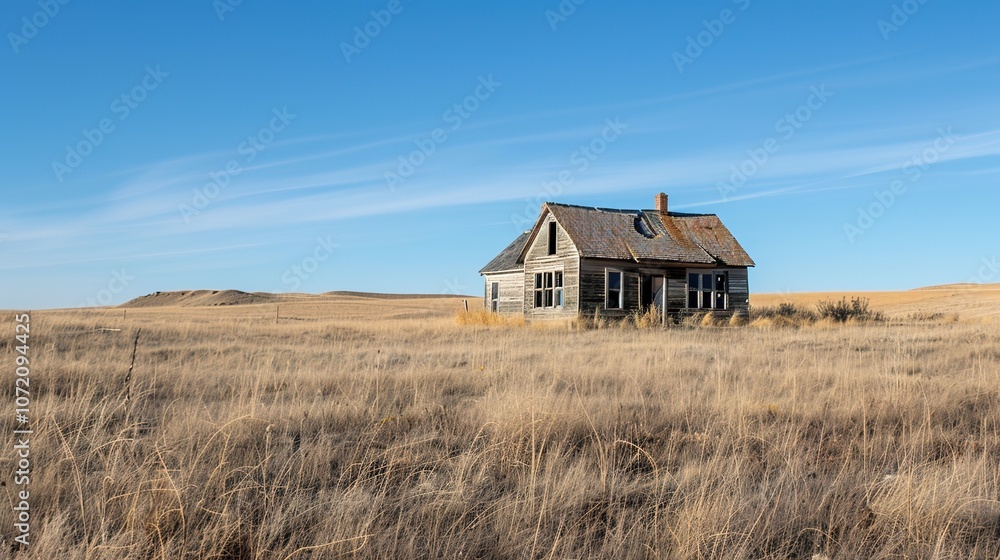 Fototapeta premium Lonely house on green grassland under blue skys