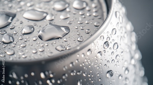 A close-up shot of a can of soda with water droplets on the surface photo