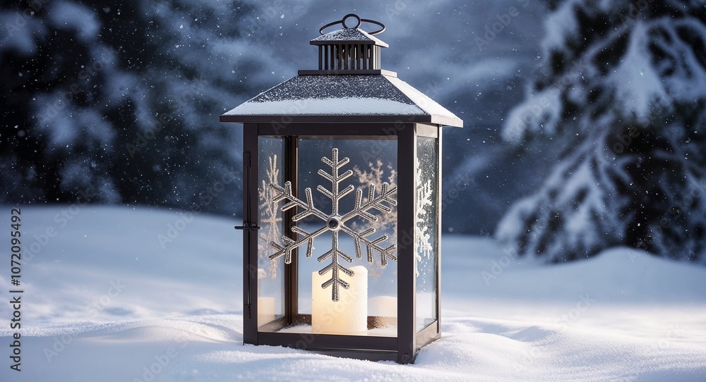 Snowflake lantern with frosted glass panels on a snowy winter backdrop Snowflake lantern with frosted glass panels on a snowy winter backdrop