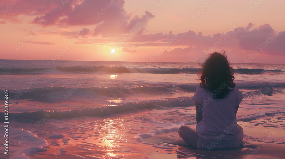 Serene Sunset Reflection on a Calm Beach with a Silhouette of a Child Sitting on Wet Sand Watching the Waves and Vibrant Sky Colors Serene Sunset Reflection on a Calm Beach with a Silhouette of a Child Sitting on Wet Sand Watching the Waves and Vibrant Sky Colors