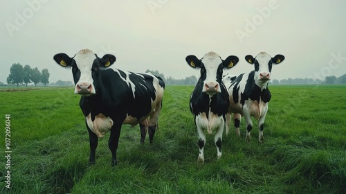 Three Cows on a Green Meadow in Rural Landscape