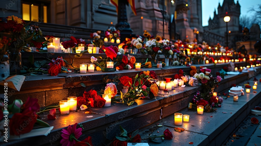 Obraz premium Beautiful City Hall Steps Adorned with Colorful Flowers and Candles Creating a Serene Atmosphere in Urban Setting at Dusk