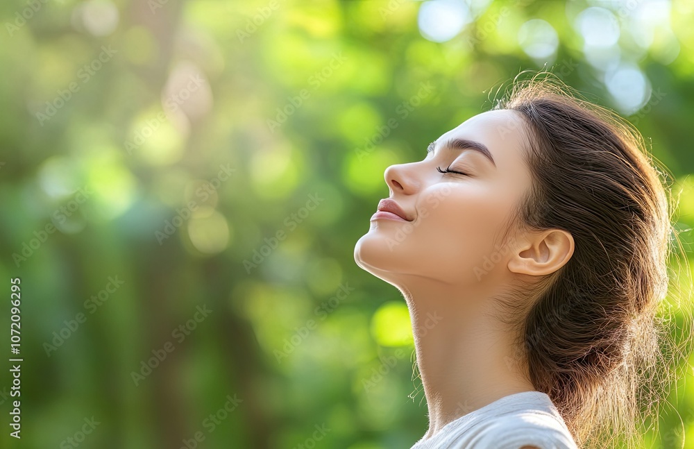An adult woman standing in profile, breathing deeply with her eyes closed and head tilted upwards against the background of green trees, symbolizing relaxation or self-care An adult woman standing in profile, breathing deeply with her eyes closed and head tilted upwards against the background of green trees, symbolizing relaxation or self-care