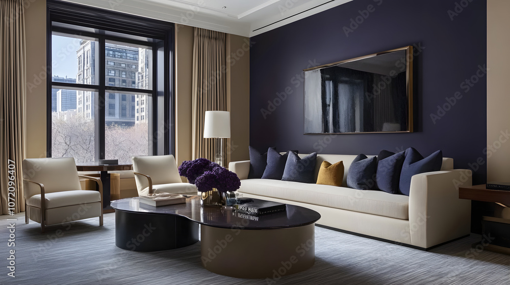 Fototapeta premium Elegant Living Room Design Featuring Future Dusk Color Contrast with Earthy Tones