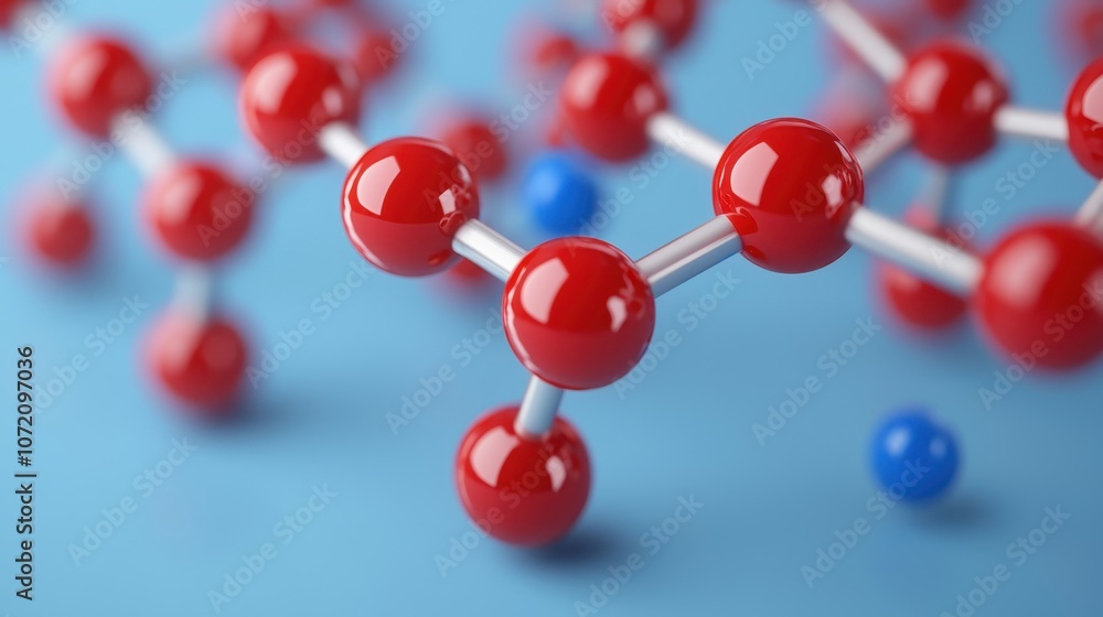 Obraz premium Close-up View of Colorful Molecular Structure Featuring Red and Blue Atoms on a Soft Blue Background for Educational and Scientific Concepts