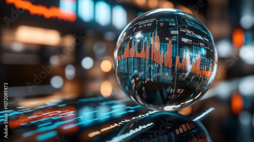 Futuristic crystal ball reflecting a market chart symbolizing the power of predictive analytics and data driven decision making in the financial sector