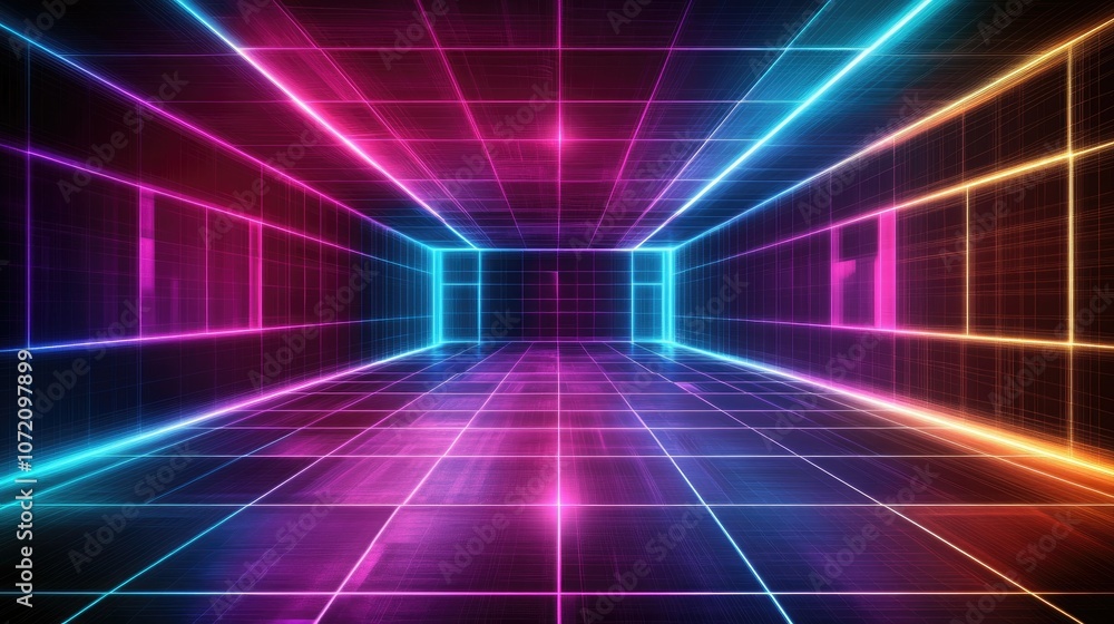 Neon Grid Virtual Space with Colorful Lights