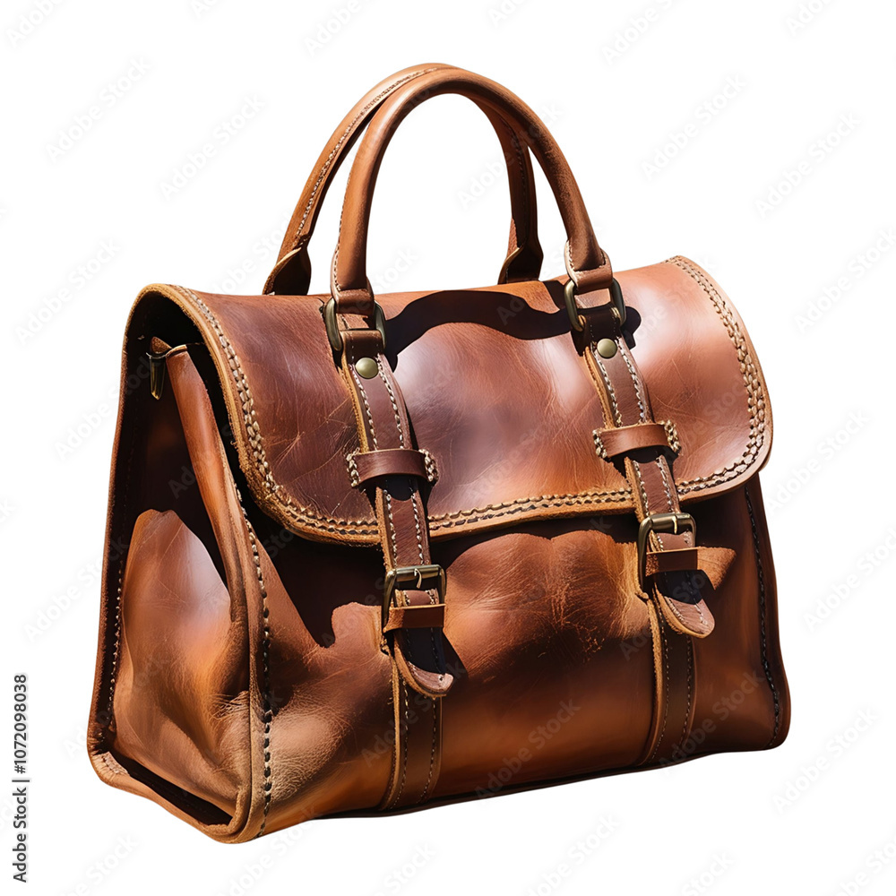 A close-up of a brown leather satchel bag with two buckles on the front. A close-up of a brown leather satchel bag with two buckles on the front.