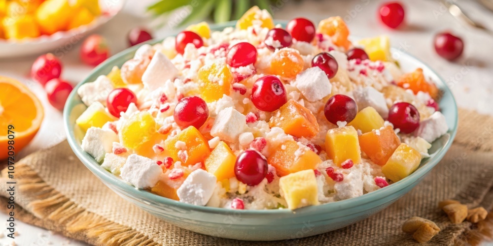 A bowl filled with a delightful combination of fluffy white meringue, diced fruit, and vibrant red cranberries, showcasing a burst of flavors and textures A bowl filled with a delightful combination of fluffy white meringue, diced fruit, and vibrant red cranberries, showcasing a burst of flavors and textures