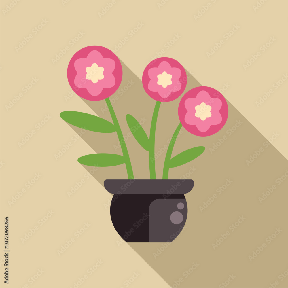 Fototapeta premium Pink flowers growing in a black pot, simple flat design with long shadow, perfect for nature and gardening projects