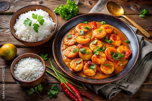 A Close-Up of Delicious Shrimps Curry Served with Steamed Rice on a Plate, Capturing the Rich Colors and Textures of the Dish in a Horizontal View from Above