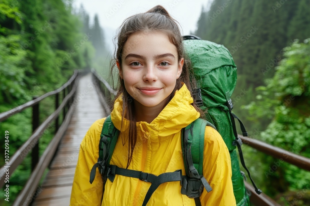 Authentic Outdoor Portrait of a Young Woman Embracing Freedom and Individuality in a Natural Setting She Smiles Confidently on a Wooden Bridge Surrounded by Lush Green Forest with a Backpack on Her