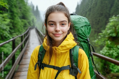 Obraz na płótnie Authentic Outdoor Portrait of a Young Woman Embracing Freedom and Individuality in a Natural Setting She Smiles Confidently on a Wooden Bridge Surrounded by Lush Green Forest with a Backpack on Her w salonie