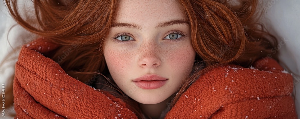 Captivating Portrait of a Woman with Red Hair, Wrapped in a Blanket in the Snow Her Authentic Beauty and Individuality Shine through the Simplicity of Nature Embrace the Beauty of Winter and the
