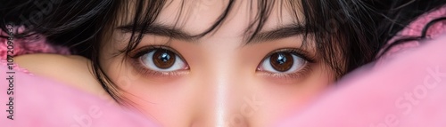 Obraz na płótnie Captivating Eyes, Pink Hues A Look of Confidence and Playfulness This image exudes a vibrant energy, perfect for projects needing a touch of fun and optimism Use it for social media, presentations w salonie