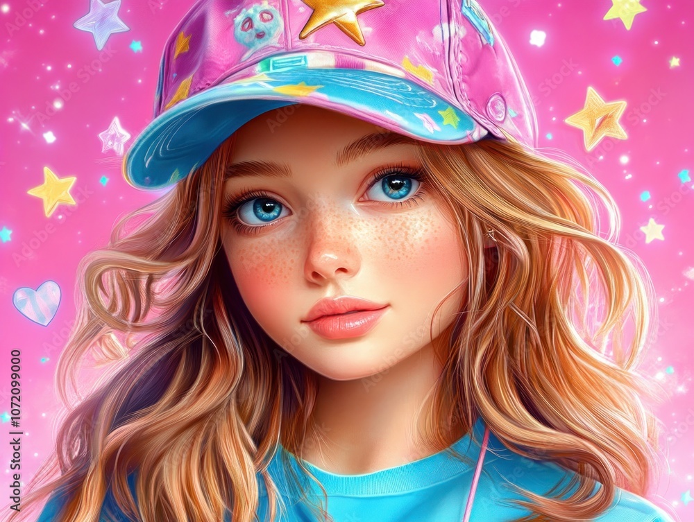 Confident Girl in Pink Background, Casual Style with Vibrant Energy, Cute Girl with Blue Eyes, Pink Hat, Starry Background, Beautiful, Fashion, Model, Portrait, Young, Happy, Smiling, Girl Power