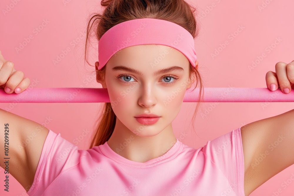 Confident Woman in Casual Sportwear Posing with Pink Barbell Against Pink Background, Empowering Girl Power and Fitness Goals