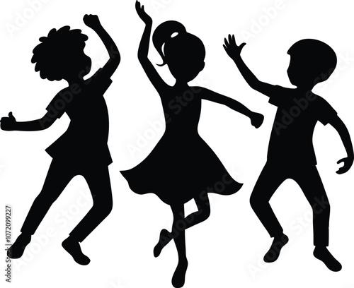 Group of happy kid dancingsilhouette , children raising hand silhouette vector illustration 