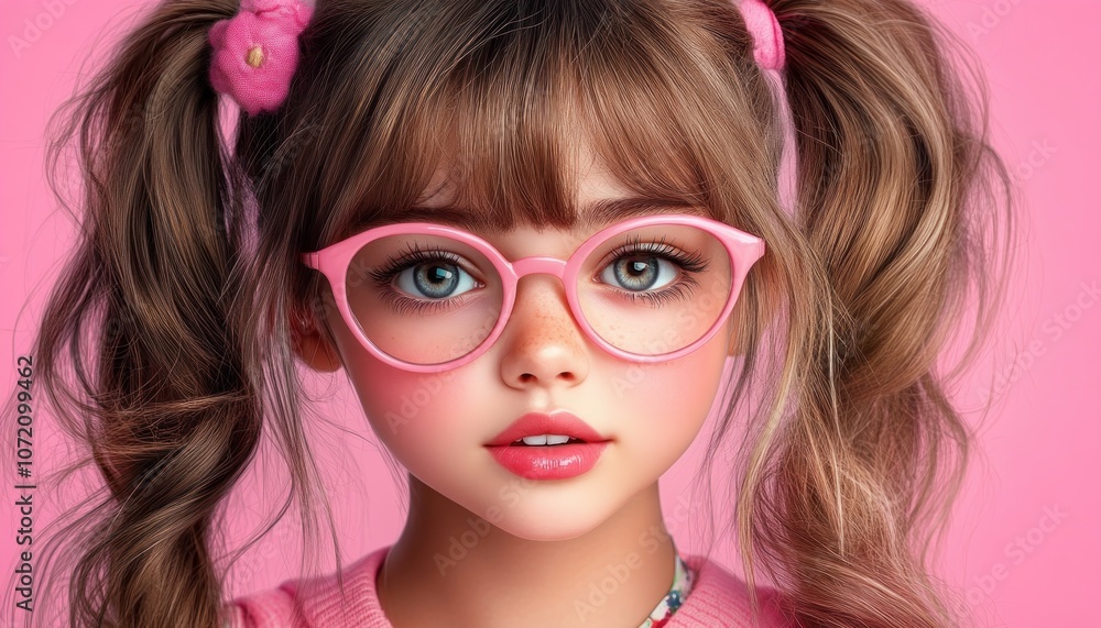 Cute Girl with Pink Glasses on a Pink Background Fun, Casual, and Confident Girl Power Energy This Adorable Image is Perfect for Social Media, Blogs, and Websites