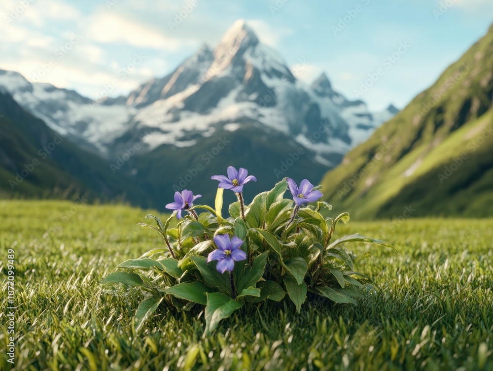 Discover the Serene Beauty of Nature A Minimalist Mountain Landscape with Delicate Purple Flowers Blooming in the Foreground, Representing Authenticity and Freedom in a Breathtaking Outdoor Scene