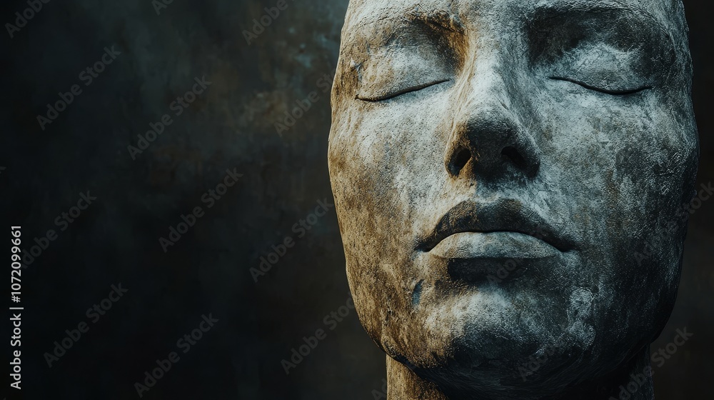 A statue of a woman's face with a serene expression A statue of a woman's face with a serene expression