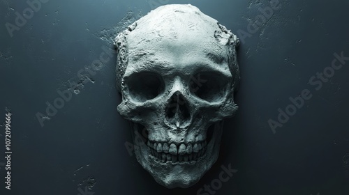 A skull is shown in a blue background