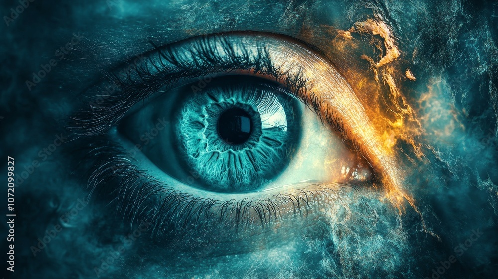 A blue eye with a yellow flame in the corner A blue eye with a yellow flame in the corner