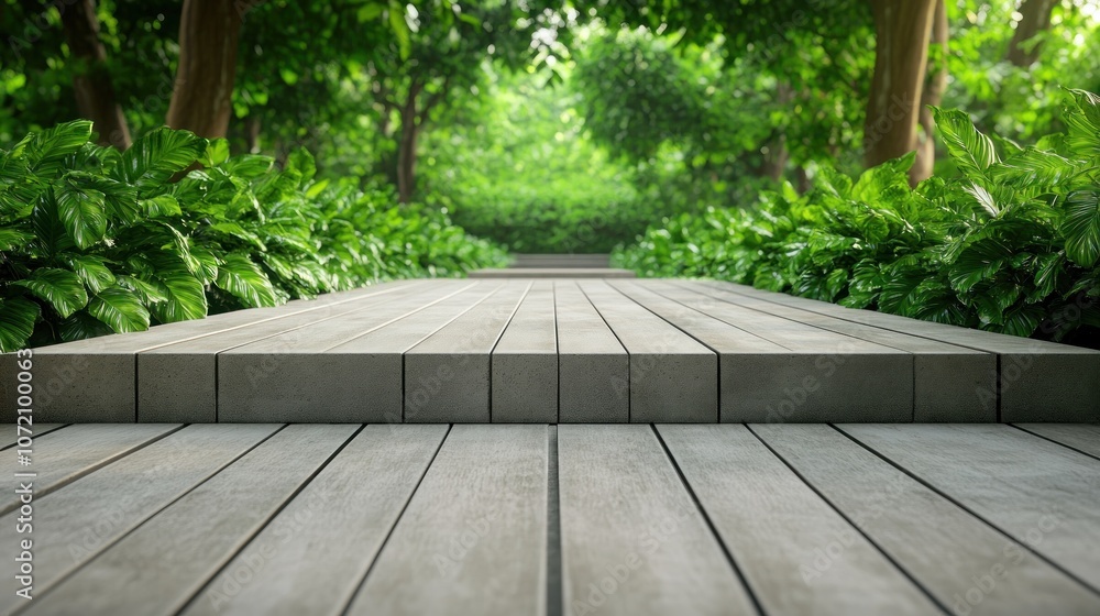 Embrace Natural Beauty Minimalist Outdoor Scene with Wooden Path and Lush Greenery, A Symbol of Individuality, Authenticity, and Connection to Nature