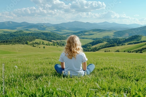 Embrace Natural Beauty Find Self-Love in Minimalist Outdoor Scenes, A Woman Meditates in Serene Mountain Landscape, Connecting with Nature's Tranquility and Finding Inner Peace Discover Your