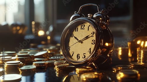 3D alarm clock and gold coins in a realistic style. Money in photo