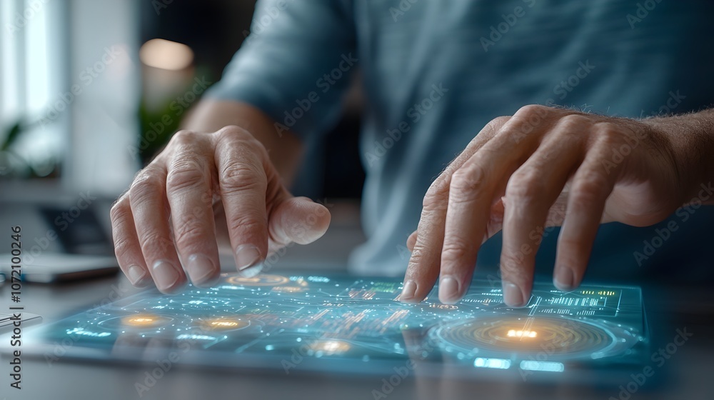 Hands Interacting with Holographic Financial Data Screens in Futuristic Tech Environment Hands Interacting with Holographic Financial Data Screens in Futuristic Tech Environment
