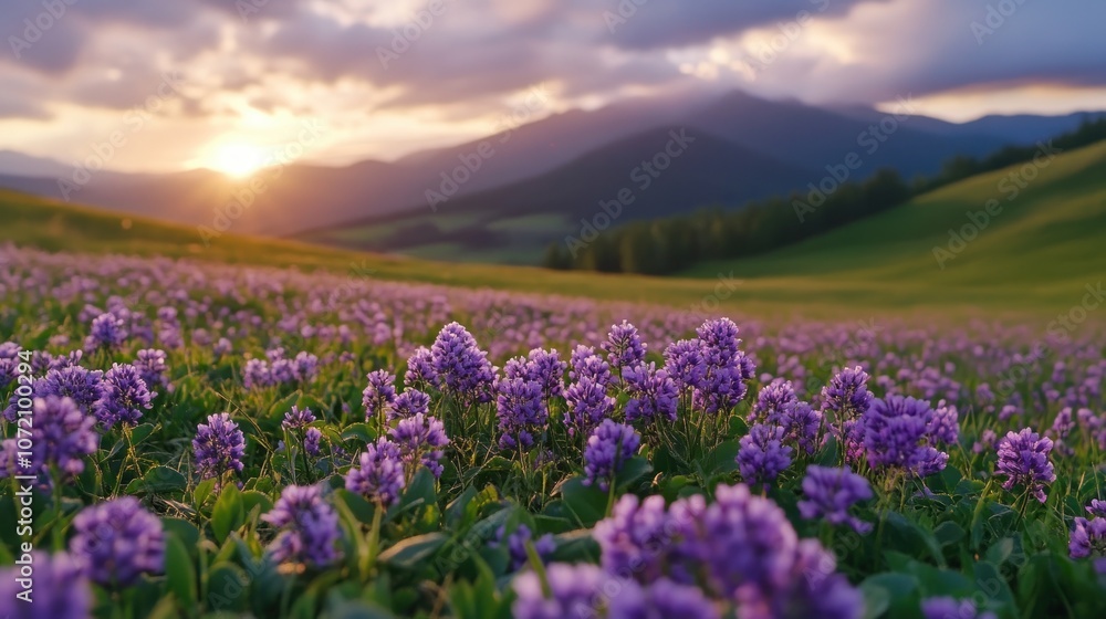 Embrace the Beauty of Nature A Field of Purple Flowers at Sunset with Majestic Mountains in the Background Find Freedom, Authenticity, and a Healthy Outdoor Lifestyle in This Breathtaking Landscape
