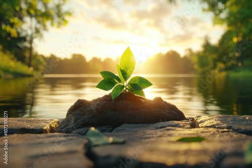 Embrace the Beauty of Nature A Minimalist Sunset Scene with a Single Plant Emerging from a Rock by the River, Celebrating Self-Love and Growth