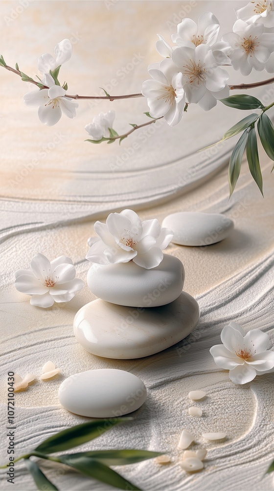 A peaceful zen garden scene with smooth white stones, delicate flowers, and bamboo leaves on a neutral background, arranged for calmness and balance A peaceful zen garden scene with smooth white stones, delicate flowers, and bamboo leaves on a neutral background, arranged for calmness and balance