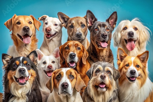 A Diverse Group of Dogs Enthusiastically Looking at the Camera with Ample Space for Text and Branding, Perfect for Pet Lovers and Animal Enthusiasts, Showcasing Various Breeds and Expressions