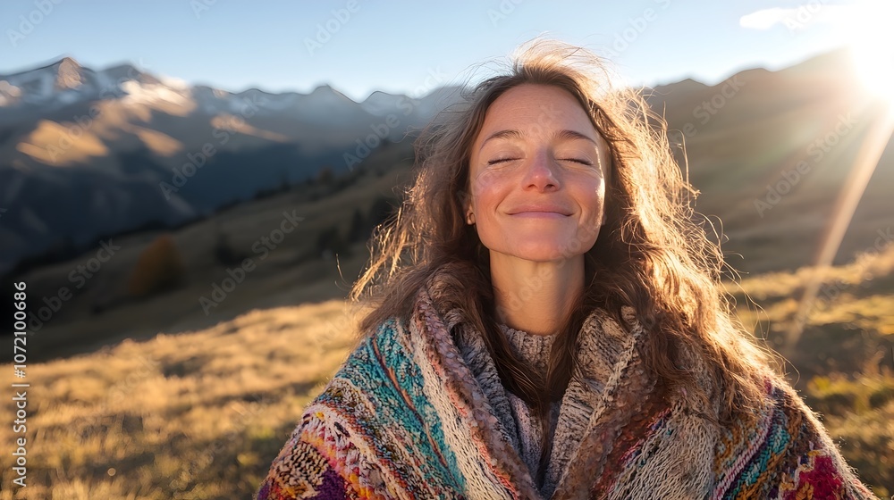 Serene Woman Basking in Sunlight with Closed Eyes in Picturesque Mountain Landscape Serene Woman Basking in Sunlight with Closed Eyes in Picturesque Mountain Landscape